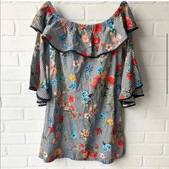 Zara Floral Gingham Off Shoulder Dress XS - Picture 2 of 6